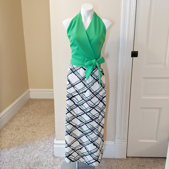 Vintage Dresses & Skirts - Vintage Flutterbye green and white halter dress